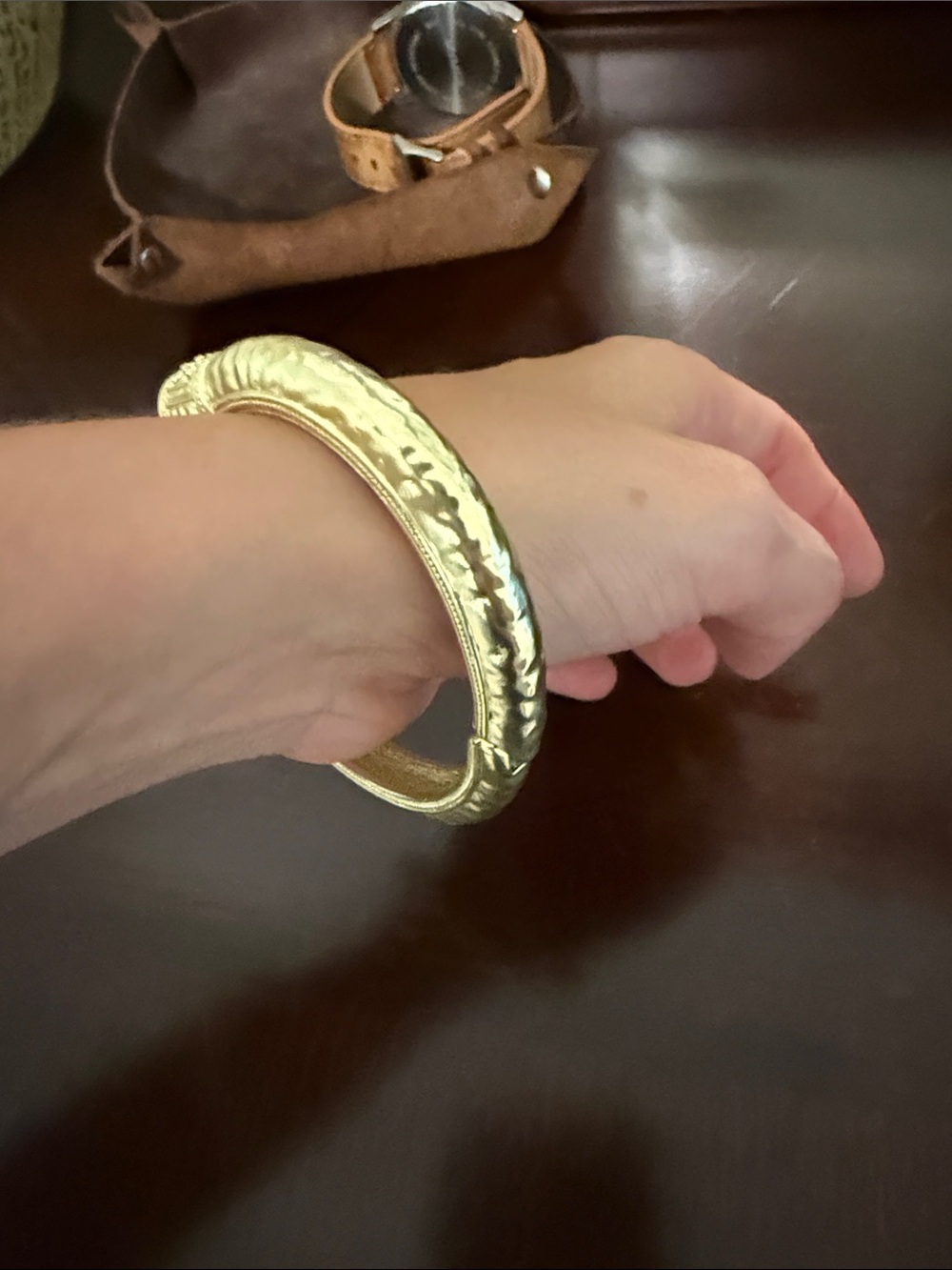 Gold Textured Hinged Bangle Bracelet - Women Jewelry